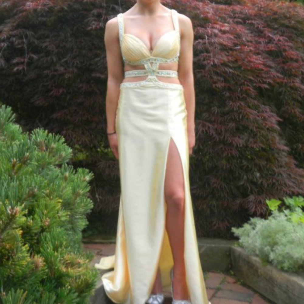 Jasz Couture Yellow Beaded Cut Out Prom Dress